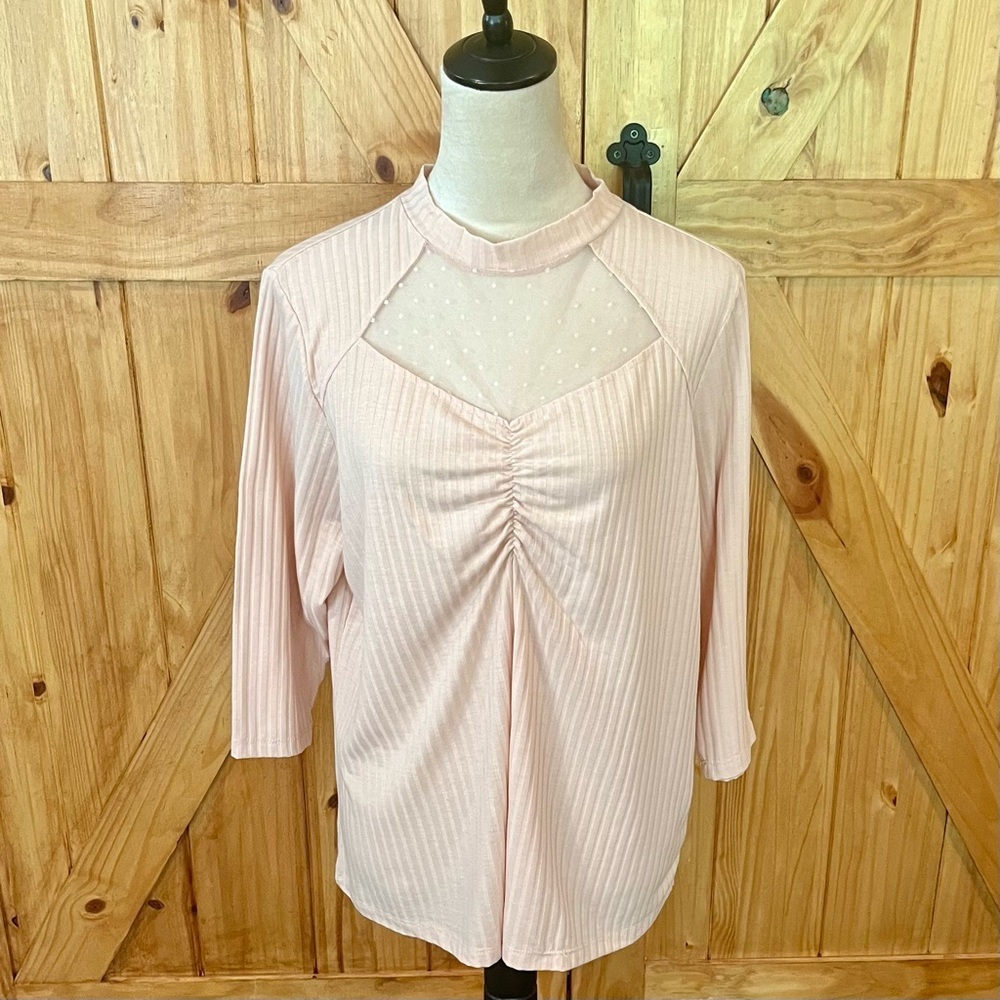 Como Blu Ladies Light Peach Ruched Ribbed Blouse with Mandarin Collar